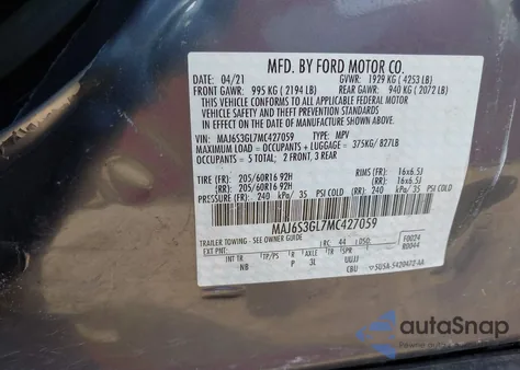 2021 Ford Ecosport Se z USA, uszkodzony, nr VIN MAJ6S3GL7MC427059